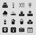 Set Calendar, Sunrise, Barbecue grill, Match stick, Swiss army knife, Cloud with rain, Bench and Trash can icon. Vector Royalty Free Stock Photo