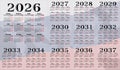 Calendar templates for a year 2026 - 2037. Royalty Free Stock Photo