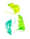 Set for calendar of three abstract rats. Symbol of 2020 new year.Set for spring season: March,April,May. Watercolor illustration