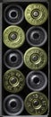 Set of 12 caliber shotgun bullet shells in cardboard box. . Royalty Free Stock Photo