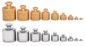 Set of Calibration Weights from brass and stainless steel, 3D rendering Royalty Free Stock Photo
