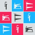 Set Calliper or caliper and scale, Construction stapler and Clamp tool icon. Vector