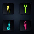 Set Calliper or caliper and scale, Drawing compass, Stationery knife and Adjustable wrench. Black square button. Vector Royalty Free Stock Photo