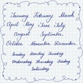 Set of callygraphic names of week days and months