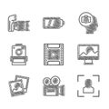 Set Camera film roll cartridge, Retro cinema camera, focus frame line, Photo retouching, and icon. Vector Royalty Free Stock Photo