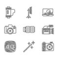 Set Camera photo lens, Photo retouching, camera, Cinema, frame 4, and film roll cartridge icon. Vector Royalty Free Stock Photo