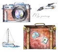 Watercolor set with camera, seagull, yacht and suitcase
