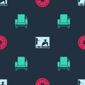 Set Camera shutter, Online play video and Cinema chair on seamless pattern. Vector Royalty Free Stock Photo