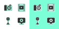 Set Camera shutter, Photo camera, Studio light bulb in softbox and film roll cartridge icon. Vector Royalty Free Stock Photo