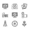 Set Camera shutter, Photo mode macro, Cinema camera, Tripod, frame and icon. Vector Royalty Free Stock Photo
