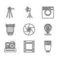 Set Camera shutter, roll cartridge, Photo camera flash, photo lens, and Tripod icon. Vector Royalty Free Stock Photo