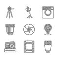 Set Camera shutter, roll cartridge, Photo camera flash, photo lens, and Tripod icon. Vector