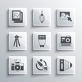 Set Camera timer, Photo camera, flash, with, Tripod, frame and retouching icon. Vector Royalty Free Stock Photo