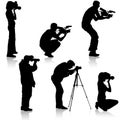 Set cameraman with video camera. Silhouettes on white background. Vector illustration Royalty Free Stock Photo