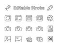 Set of cameras and photo, vector line icons. Contains symbols of portraits and family photos and much more. Editable move. 32x32 p