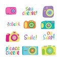 A set of cameras. Retro colorful photo films are drawn. Bright and colorful drawings and lettering words smile please Royalty Free Stock Photo