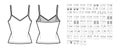 Set of camisole tops, shirts, tanks, blouses technical fashion illustration with wide narrow shoulder straps, fitted