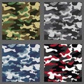 Set of camouflage seamless patterns background. Classic clothing style masking camo repeat print. Green,brown,black