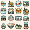 Set of camp and kayak club badges Vector. Concept for patch, print. Vintage design with camping, mountain, river