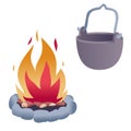 Set of campfire and bowler attributes of a camping trip, isolated object on a white background, Royalty Free Stock Photo