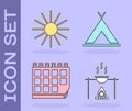 Set Campfire and pot, Sun, Calendar and Tourist tent icon. Vector Royalty Free Stock Photo