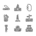 Set Campfire, Sunrise, Bench, Road traffic sign, Flashlight, Lighter, Carabiner and Swiss army knife icon. Vector Royalty Free Stock Photo