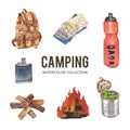 Set of camping creative watercolor illustration on white background