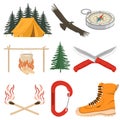 Set of camping equipment collection. Vector illustration. Set include: camping tent, condor, fire match sticks, hiker