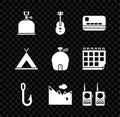 Set Camping gas stove, Guitar, Credit card, Fishing hook, Mountains, Walkie talkie, Tourist tent and Canteen water Royalty Free Stock Photo