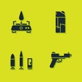 Set Camping gas stove, Pistol or gun, Bullet and cartridge and Lighter icon. Vector Royalty Free Stock Photo