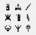 Set Camping gas stove, Shotgun, Deer antlers on shield, Bird footprint, Paw search, Bear skin and Pepper spray icon