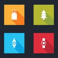 Set Camping gas stove, Tree, Kayak or canoe and Smart watch showing heart beat rate icon. Vector