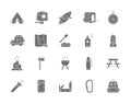Set of Camping Grey Icons. BBQ, Canoe, Trailer, Gas Lamp, Campfire, Axe, Insect Spray, Flashlight, Hiking Food and more.