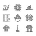 Set Camping hat, Arrow, African hut, Butterfly, Shirt, Animal cage, Tree stump and Snail icon. Vector