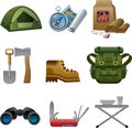 Set of camping and hiking objects. Set of camping equipment and accessories icons isolated on white background. Royalty Free Stock Photo