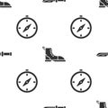 Set Camping knife, Hiking boot and Compass on seamless pattern. Vector