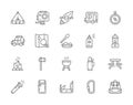 Set of Camping Line Icons. BBQ, Canoe, Trailer, Jackknife, Gas Lamp and more.