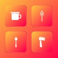 Set Camping metal mug, Burning match with fire, Marshmallow on stick and Wooden axe icon. Vector Royalty Free Stock Photo