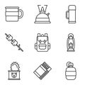 Set of camping object icons. Adventure. Extreme sports, outdoor recreation, adventure in the mountains, vacation