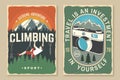 Set of camping poster, banner with travel inspirational quotes. Vector. Vintage typography design with retro photo Royalty Free Stock Photo