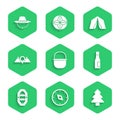 Set Camping pot, Compass, Forest, Bottle of water, Rafting boat, Location mountains, Tourist tent and hat icon. Vector