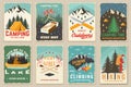 Set of camping retro posters. Outdoor adventure vector badge design. Vintage typography design with knives, bear in