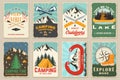 Set of camping retro posters. Outdoor adventure vector badge design. Vintage typography design with knives, camping