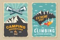 Set of camping retro posters. Outdoor adventure. Vector illustration. Vintage typography design with camping flashlight