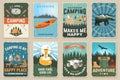 Set of camping retro posters. Vector illustration. Vintage typography design with climber, bear and campfire, carabiners
