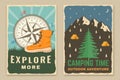 Set of camping retro posters. Vector illustration. Vintage typography design with forest pine tree, mountain, forest