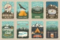 Set of camping retro posters. Vector illustration. Vintage typography design with motor home, camping tent, mountain