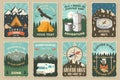 Set of camping retro posters. Vector illustration. Vintage typography design with motor home, camping tent, mountain