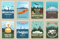 Set of camping retro posters. Vector. Outdoor adventure. Vintage typography design with backpack, motor home, camping