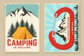 Set of camping retro posters. Vector. Vintage typography design with forest pine tree, camping tent, mountain and old